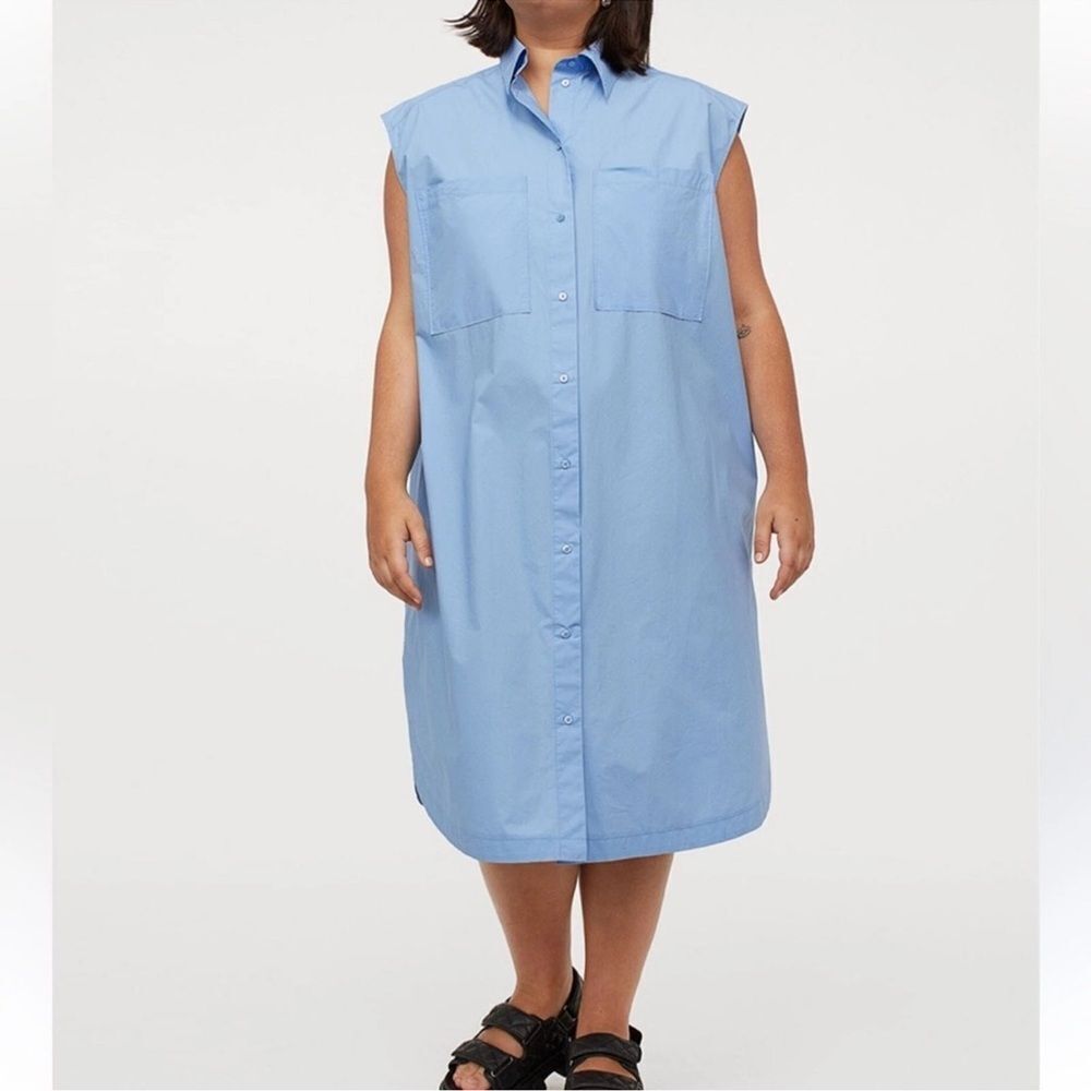 H&M Sleeveless Blue Cotton Button Down Oversized Shirt Dress(Size XS)